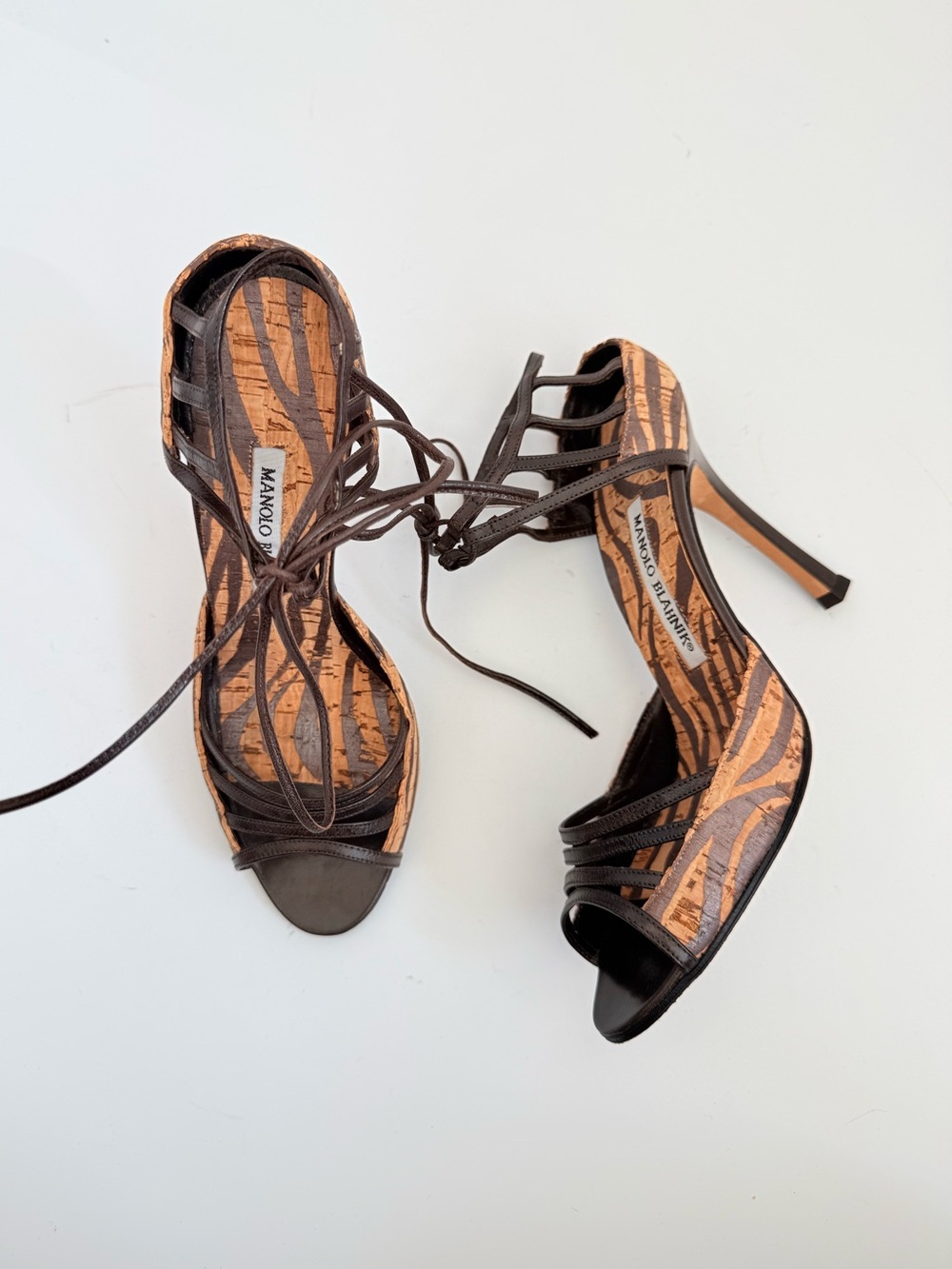 Vintage Manolo Blahnik Sirtaki Zebra Cork Lace-Up Heels 37 Rare
